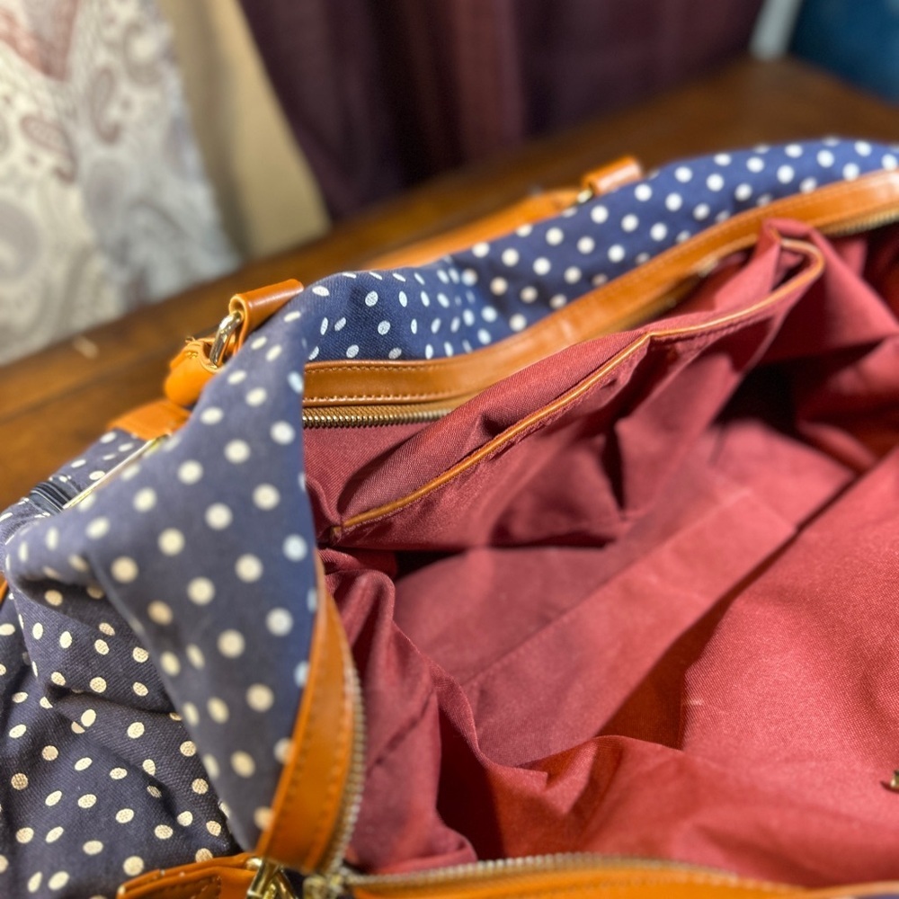 Stylish Navy Polka Dot Travel Bag with Tan Details​ - Picture 11 of 12